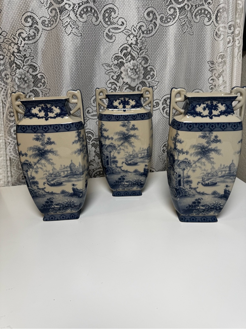 Vintage Victoria Ware Ironstone Blue White Urn Vase Flow Blue, Lot of 3